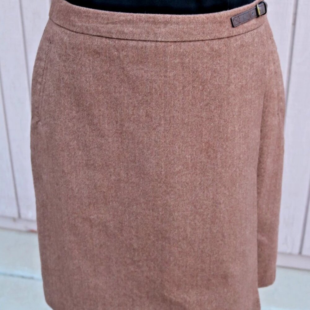 LL Bean Faux Wrap Skirt Size 12 Classic Fit   Cotton Brown Herringbone